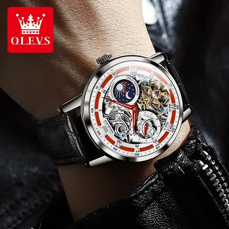 OLEVS New Skeleton Watch for Men Tourbillon Moon Phase Dial Leather Strap Waterproof Luminous Automatic Mechanical Watch Hombre