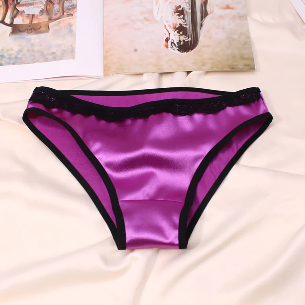 Women Sexy Satin Briefs Smooth Underwear Comfortable Silky Panties Female Soft Glossy Lingerie Cotton Crotch Underpants