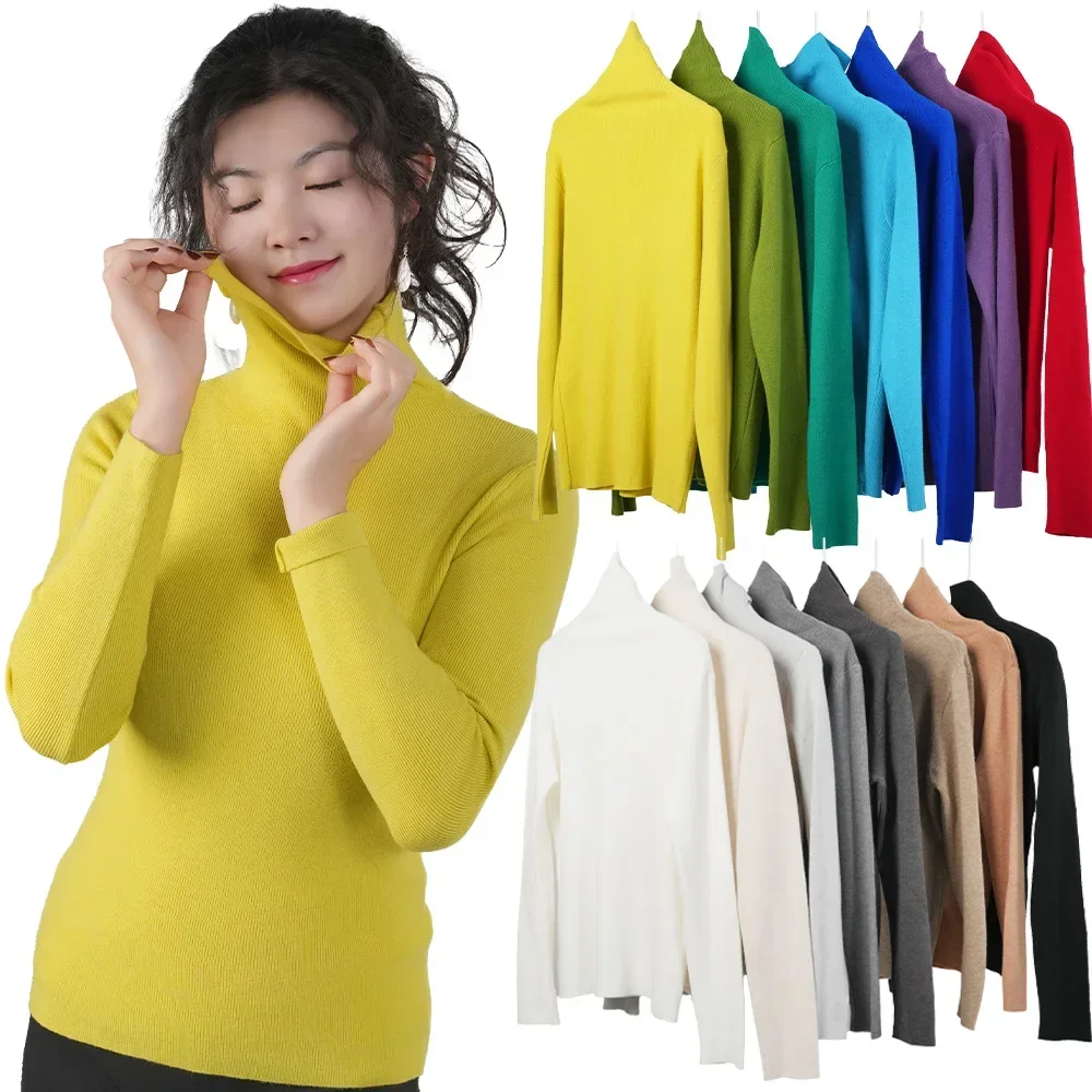 Women's Turtleneck Sweater Candy & Solid Color High Collar Jumper Top Clothes Female Winter Thermal Long Sleeve Knitted Pullover