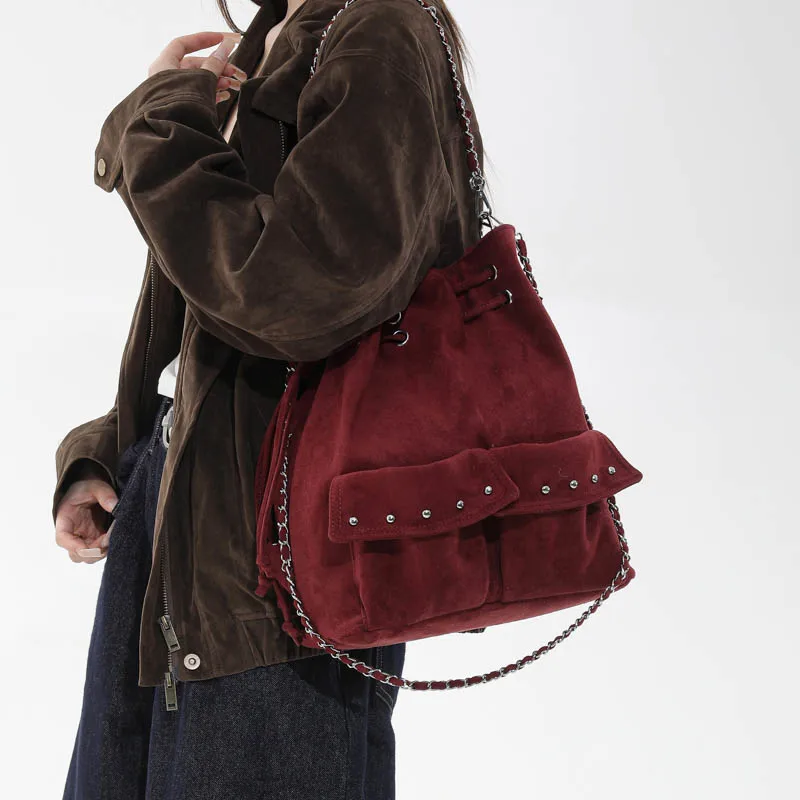 Retro Suede Chains Bucket Bag for Women Vintage Rivet Multi Pocket Design Drawstring Backpacks Multifunctional Crossbody Bag