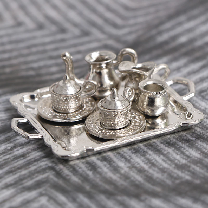 10Pcs/Set 1/12 Dollhouse Miniature Silver Metal Tea Coffee Tray Tableware Set For Dollhouse Decoration Toys Gift