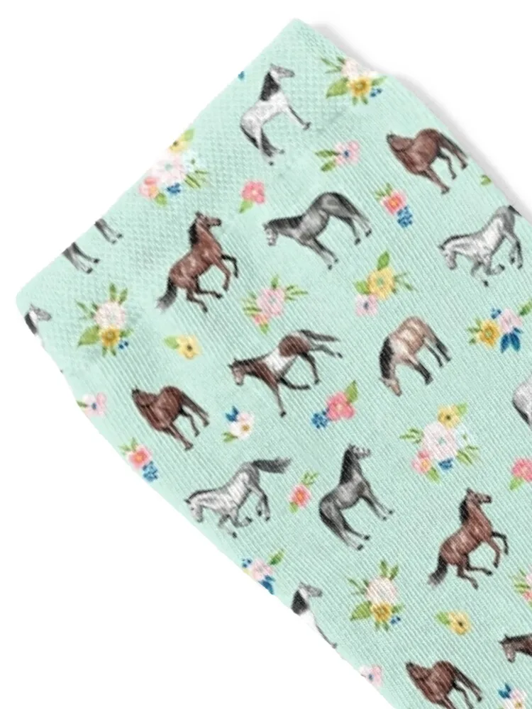 Horses and Flowers, Mint Blue, Horse Art, Horse Decor, Pink Flowers Socks