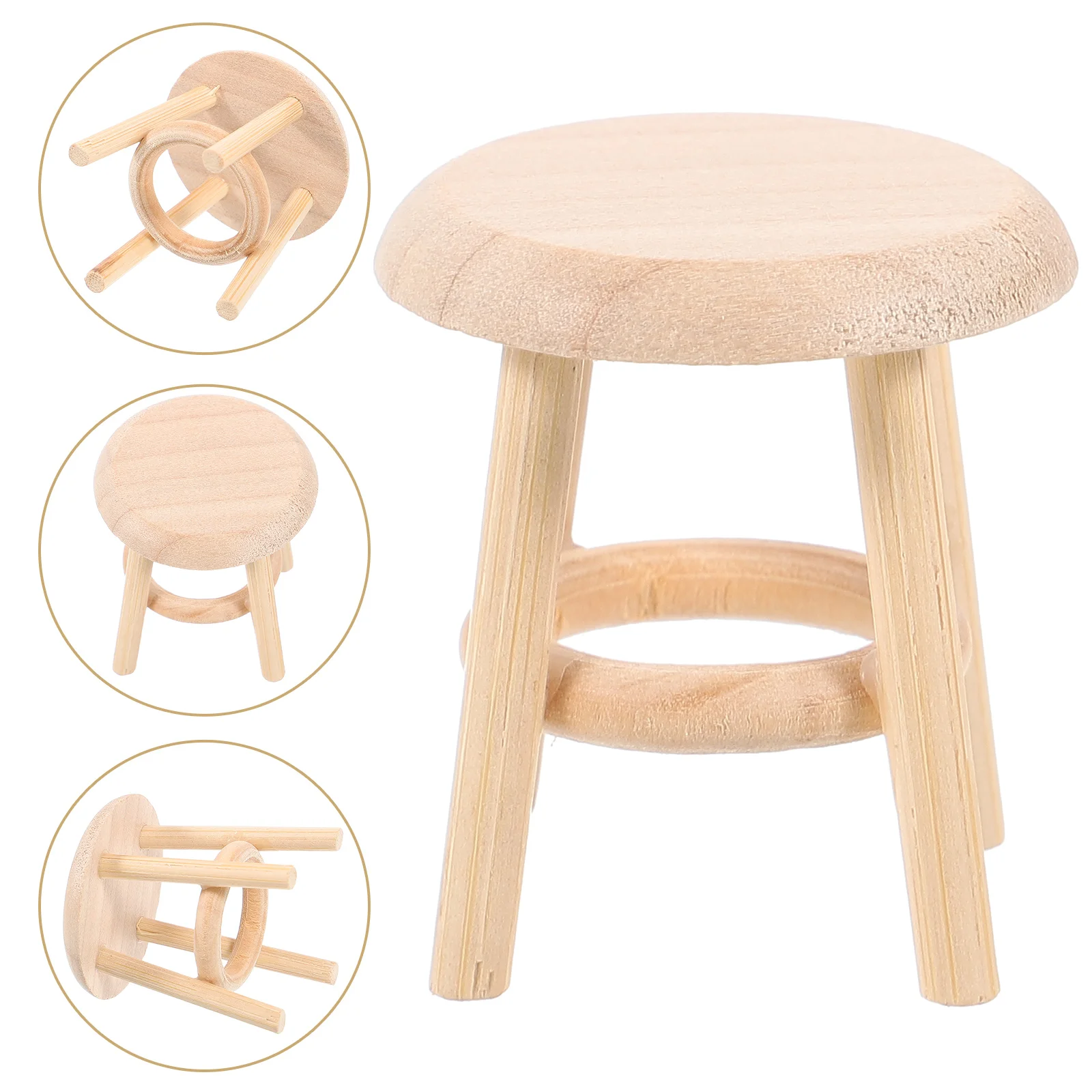 Miniature House Furniture 1:12 Dollhouse Model Plain Solid Wood Small Round Stool Chairs