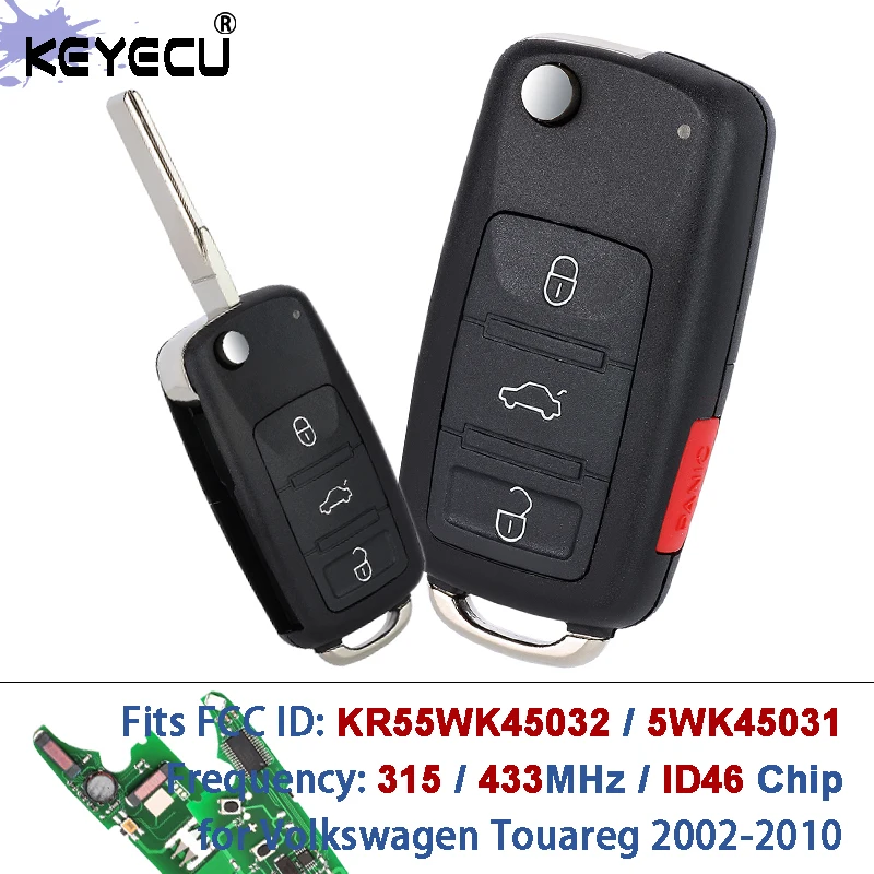 KEYECU 315MHz / 433MHz ID46 Chip KR55WK45032 Keyless-Go Remote Key Fob for Volkswagen Touareg 2002 2003 2004 2005 2006 2007-2010