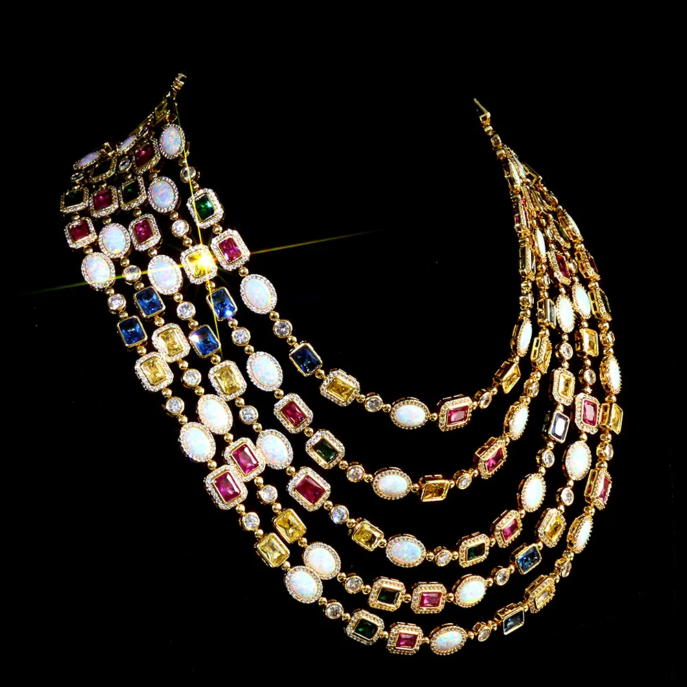 Rainbow Geometric Bling CZ Stone Chain Necklace Multicolor Round Oval Gemstone White Gold Plated Choker for Women Men