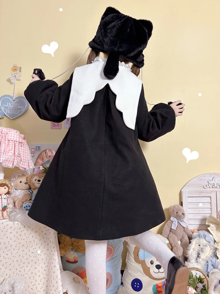 KIMOKOKM Japanese Preppy Winter Sweet Peter Pan Collar Coat Kawaii Bow Full Sleeve Single-Breasted Loli A-Line Woolen Outerweat