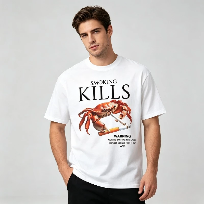 SMOKING KILLS Men’s Funny Crab Warning Print T-Shirt Soft Modal Casual Tee for Street Holiday Party Gift