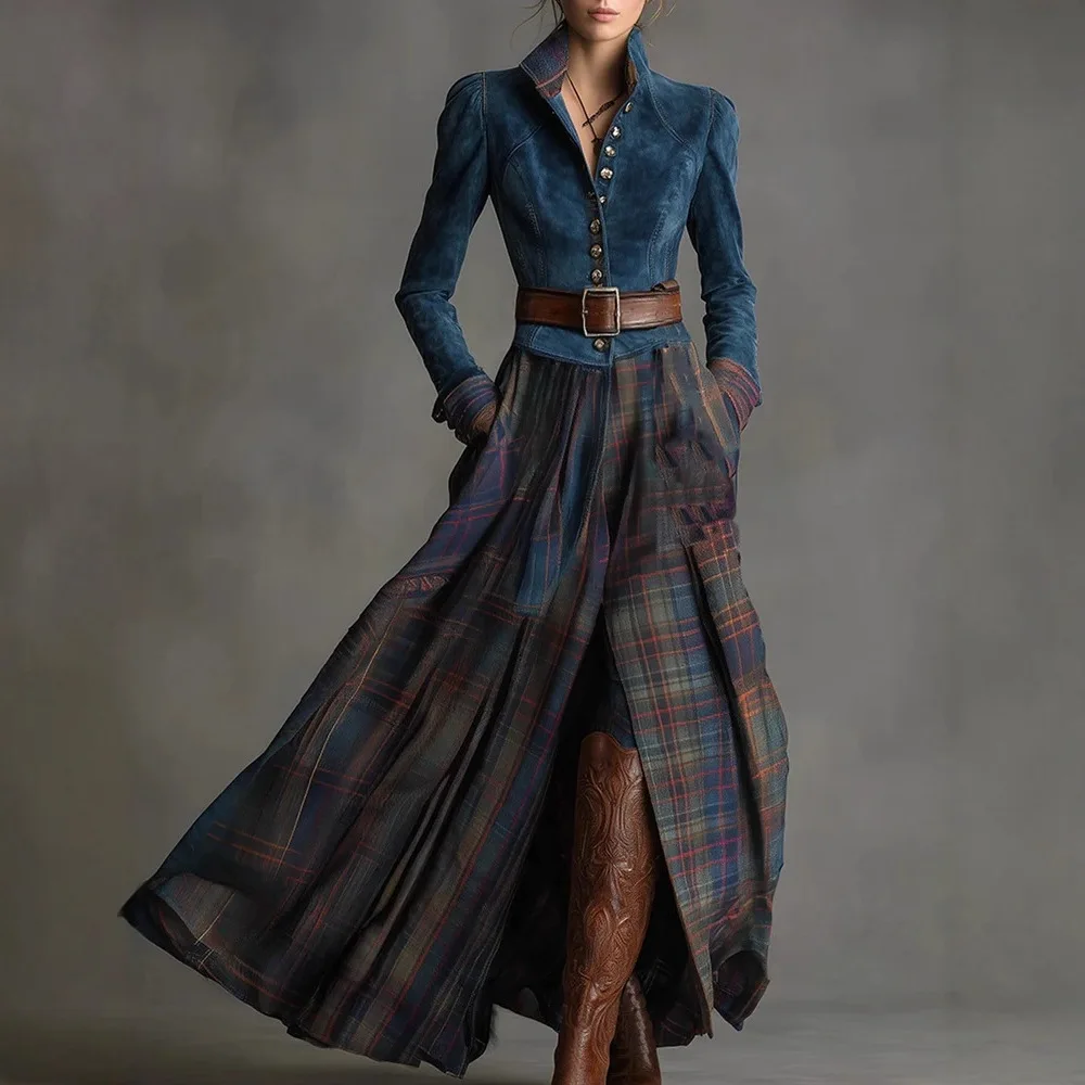 Nuovo Abito Lungo da Donna Autunno Inverno in Pelle Verde con Inserti in Velluto a Righe, Vita Alta con Bottoni