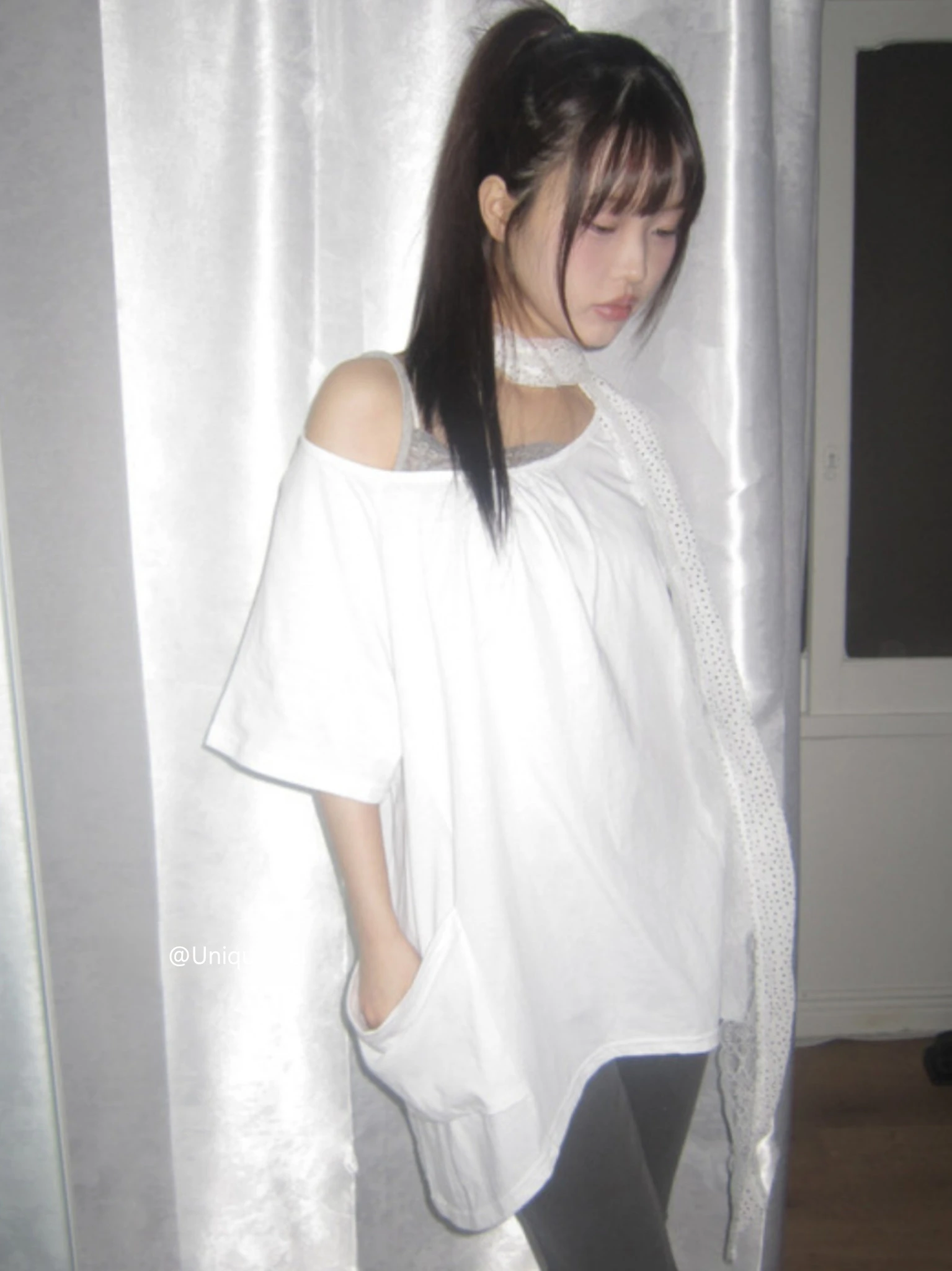 Unique SEI Early Light Japanese Style Shoulder Oblique Large Pocket Summer Loose Casual Short Sleeve T-Shirt Women's Top