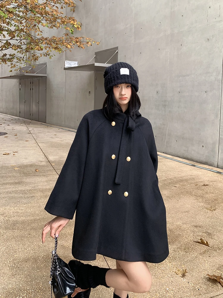 

Buou MIU Woolen Coat Women's Autumn Winter Sli Scarf Collar Belted Bla Wool Blend Long Sve Mid-Length Commute Sle