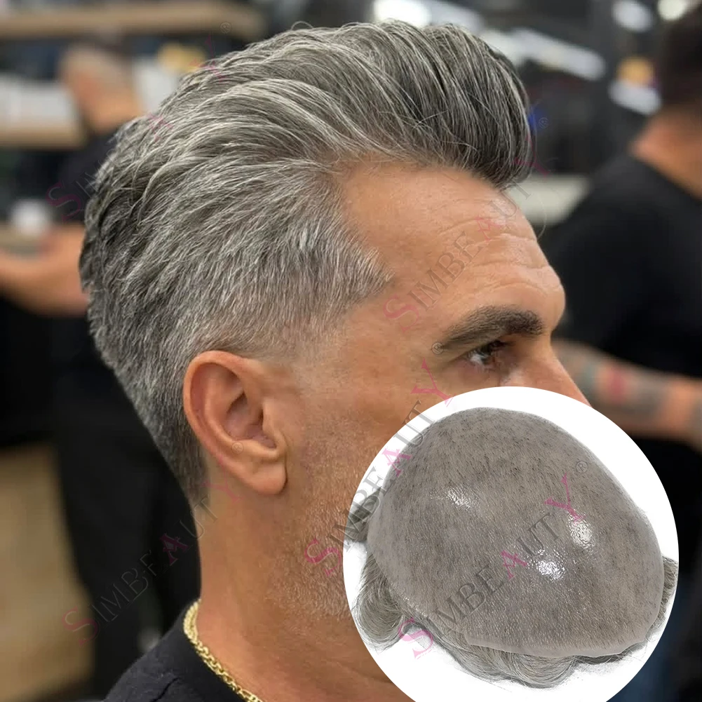 0.06-0.08 ملم شعر مستعار للرجال غير قابل للاكتشاف 1b50 565 #   رمادي بني Vloop مايكرو رقيقة الجلد خط الشعر الطبيعي 100٪ نظام استبدال الشعر البشري