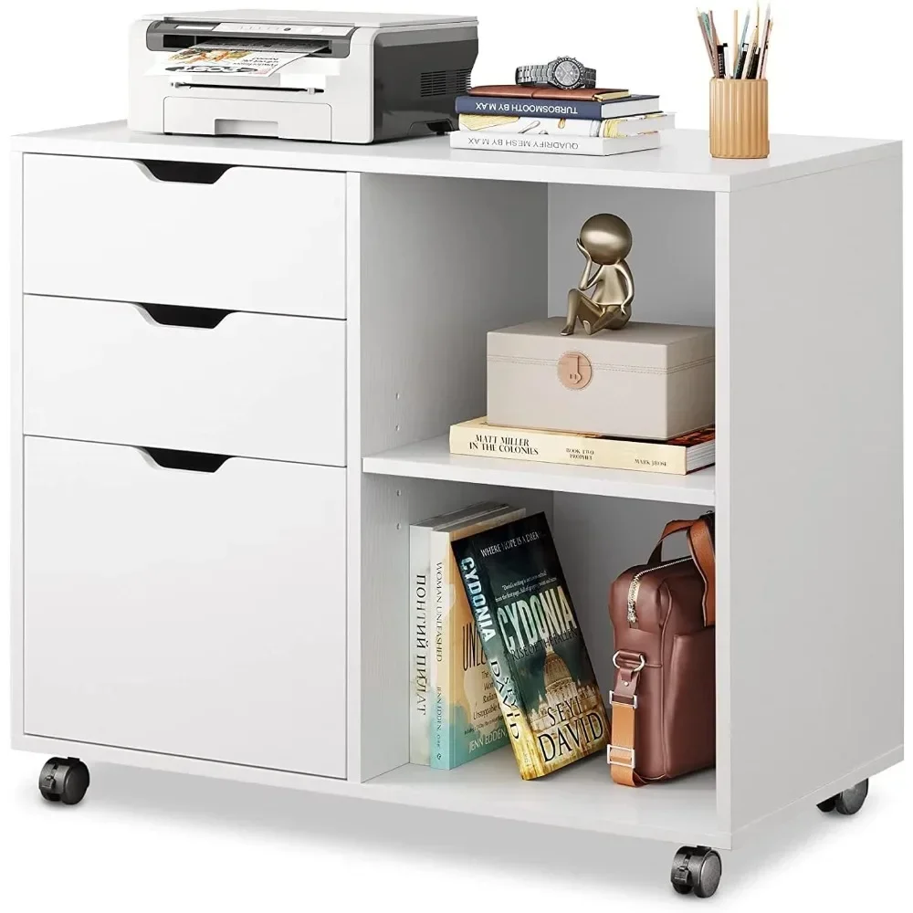 

File Cabinet 3-Drawer Wood , Mobile Lateral Filing Cabinet, Printer Stand with Open Storage Shelves, Filing Cabinets