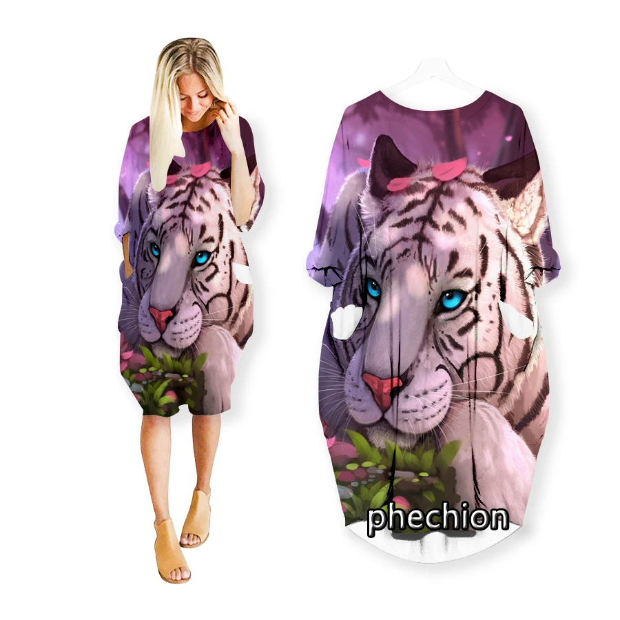 

phechion New Dreamy Tiger 3D Print Fashion Dresses Casual Mid-length Dress Women Clothing Pocket Long Sleeve Tops T04