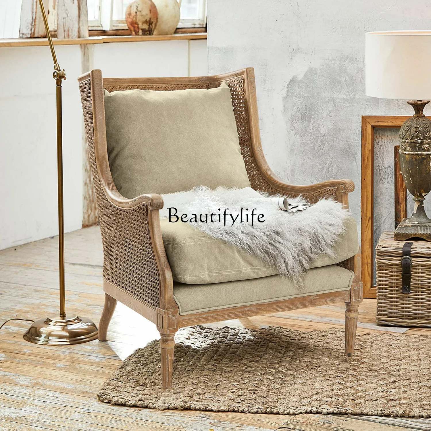 yj5 American country solid wood rattan sofa chair living room home balcony leisure chair