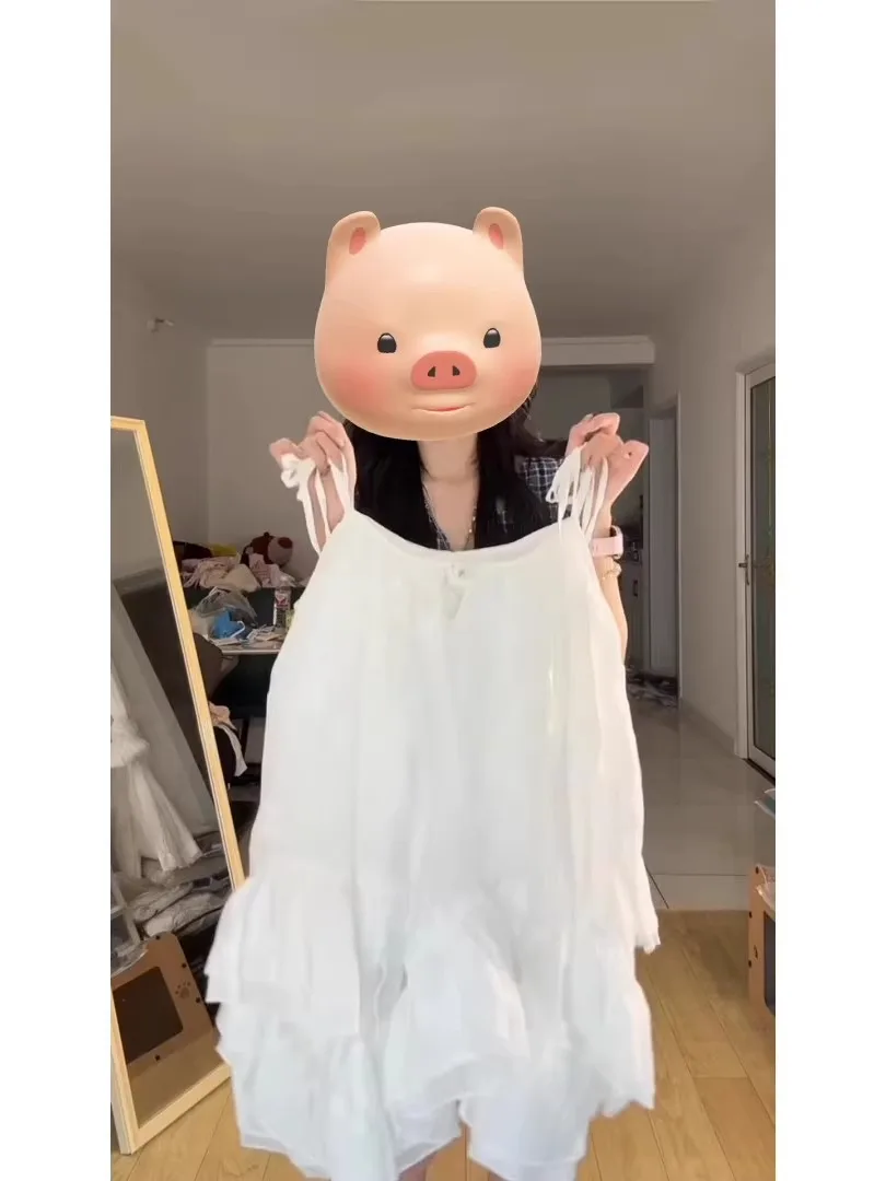 Letni Biały Zestaw Damski z Ramiączkami, Słodki, Plażowy, Bufiasta Spódnica, Krótki Top, Okrągły Dekolt, Bez Rękawów, Przez Głowę