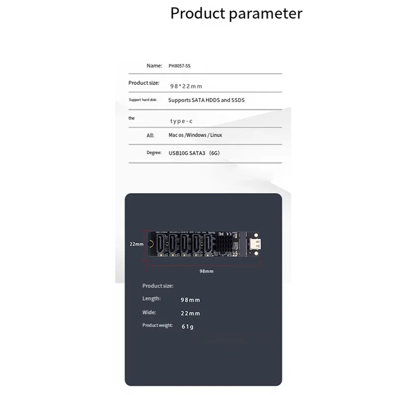 

Карта адаптера TYPE-C к SATA к 5-портовому SATA3 6 Гбит/с USB10G Карта адаптера расширения JM575+JMS580-N33R