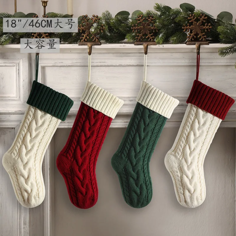 Knitted Christmas gift bag decoration socks Christmas stocking pendant color-block enlarged staggered twist 46 large capacity gi