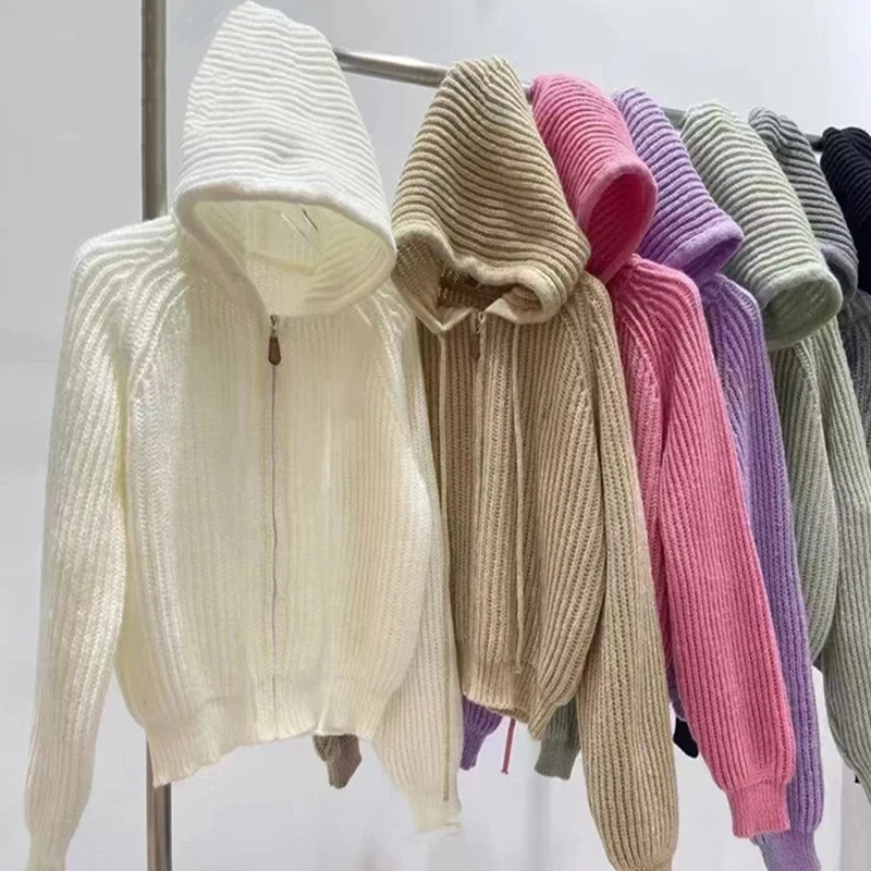 

Осенне-зимний вязаный свитер на молнии с капюшоном, новый кардиган, женские куртки, свободные короткие пальто с длинными рукавами, повседневное элегантное однотонное пальто