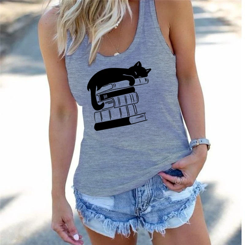 Camisola regata feminina racerback, gato de livro gráfico tops curtos, gato feminino presente proprietário, amantes da leitura moda sexy tops, moda, verão