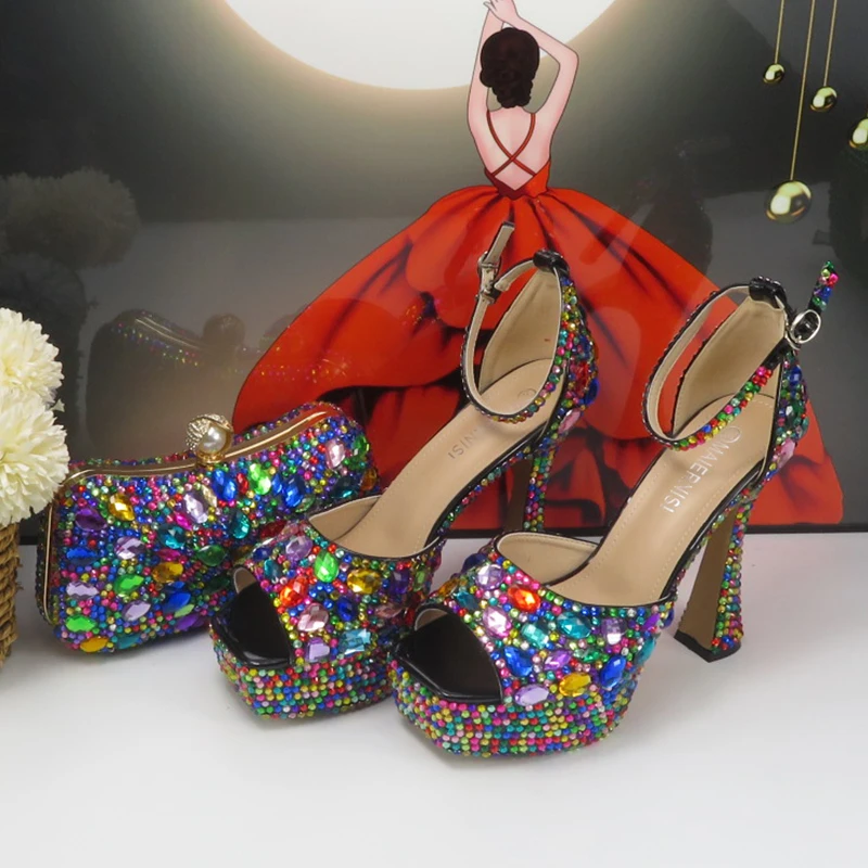 BaoYaFang Brand Summer Bridal Shoes and bag Fashion Sandals Female Ankle Strap Multicolored Crystal Sandals Girls Wedding Shoes