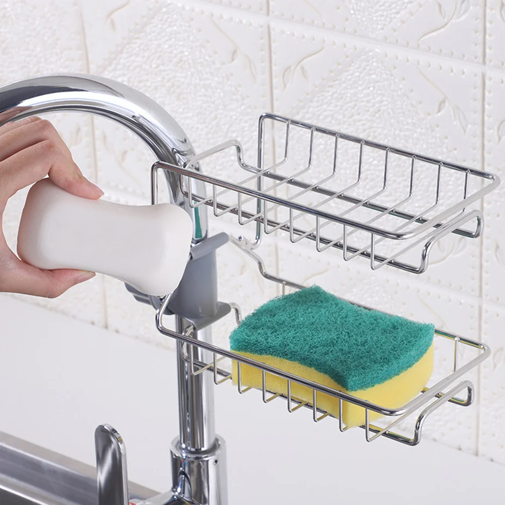 

Stainless Steel Faucet Storage Rack Double-Layer Sink Caddy Adjustable Sponge Holder Kitchen Sink Organizer Quick Drying Soap