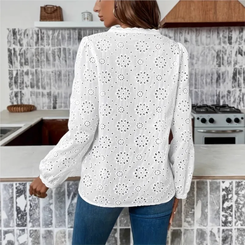 2025 neue Frauen Bluse Elegante Büro Tops Casual Langarm Shirt Frühling Herbst V-ausschnitt Spitze Button Up Weiß