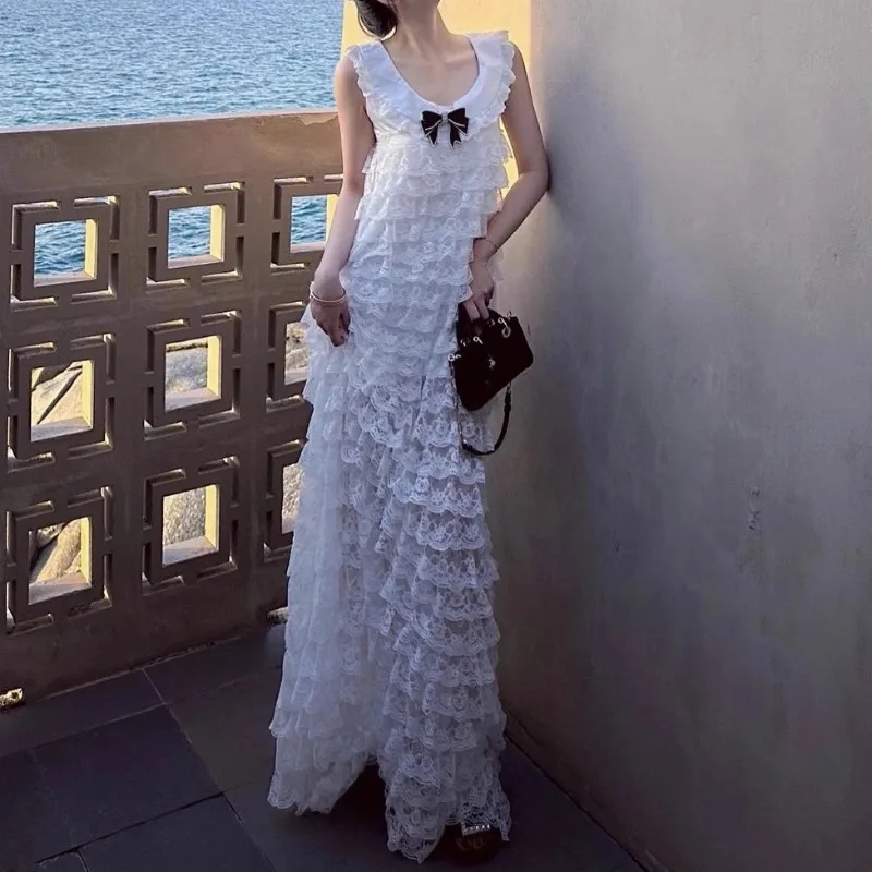 

Tiered Lace White Maxi Dresses Evening Party Sleeveless Runway Design Loose Clothing Women O-neck Elegant Bodycon Dress Long