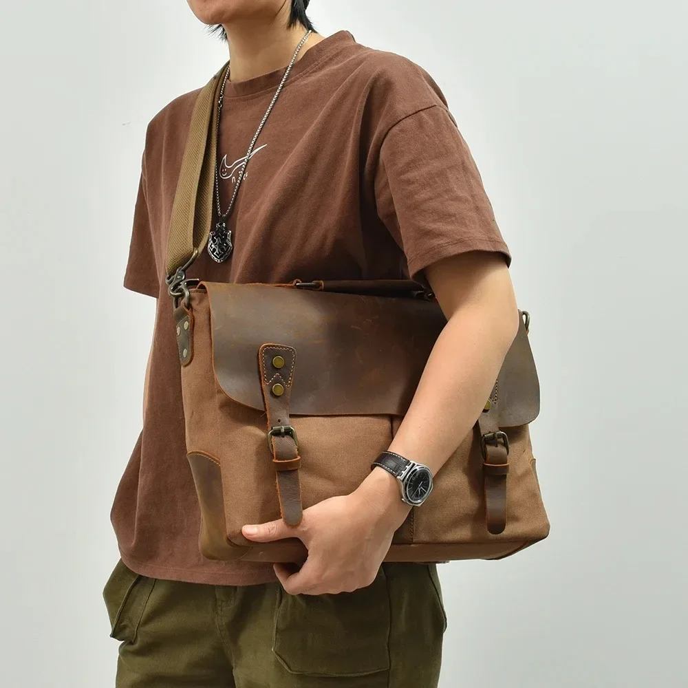 High Quality Portable Briefcase Leather with Canvas American Retro Messenger Bag Shoulder Messenger Bag Multi-purpose