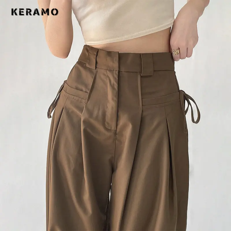 

Pants Women High Waist Students Retro Daily Loose Simple Casual Bandage Solid Spring Comfortable All-match Korean Style Special