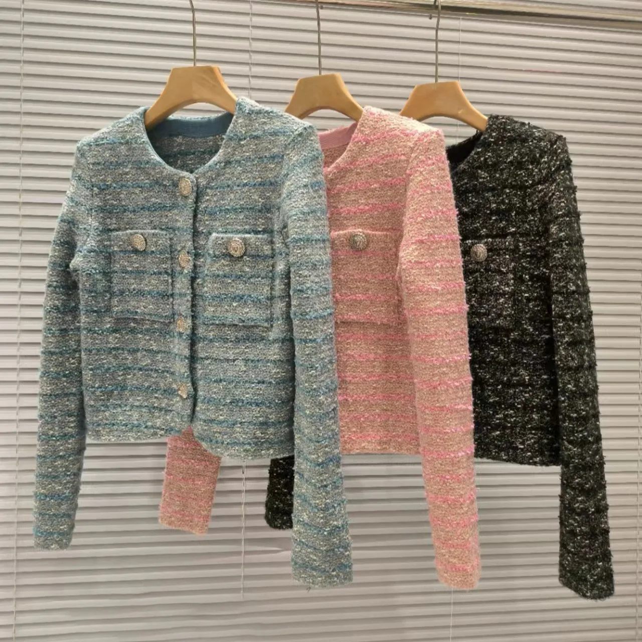 

Ele Blue Tweed Retro Jaet с золотыми пуговицами круглый Ne Slim Fit Top Paris B@Home Высококачественная версия или Верхняя одежда