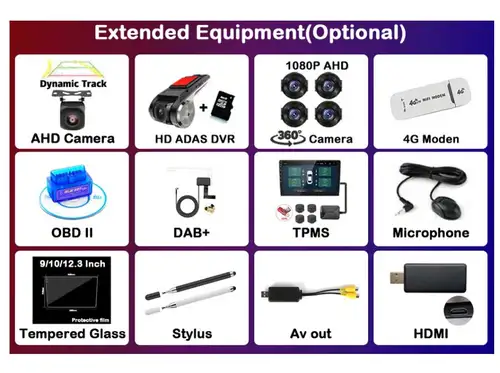 Para Android pantalla de navegación accesorios para reproductor Multimedia de coche opcional DVR OBD HDMI AV OUT DAB TPMS Stylus 4G Moden 360 cámara