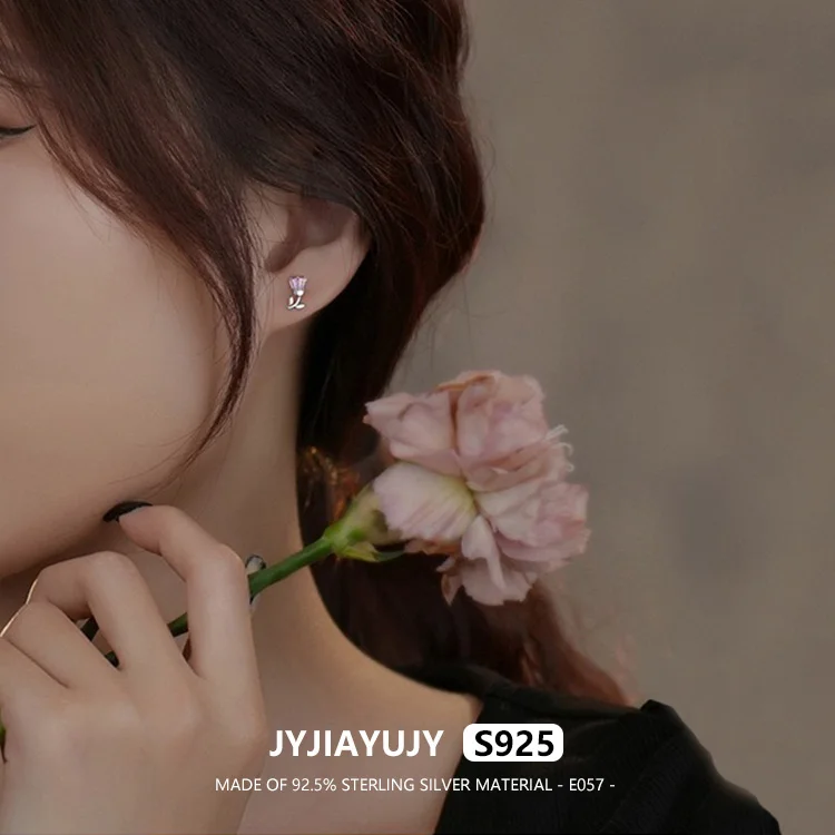 JYJIAYUJY 100% Sterling Silver S925 Earrings 10mm Rose Flower Zircon High Quality Fashion Hypoallergenic Jewelry Gift Daily E057