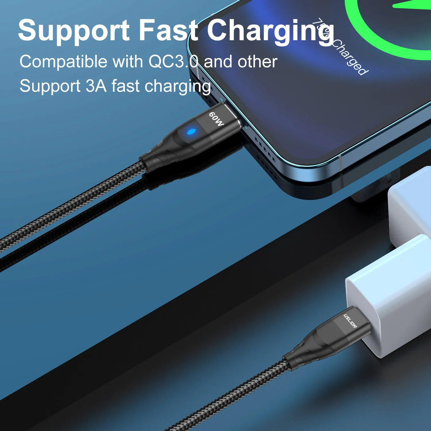 USLION PD 60W Magnetic Fast Charger Cable for iPhone 14 13 Pro Max Xiaomi 12 POCO USB C To Type C Data Charging Wire for Macbook