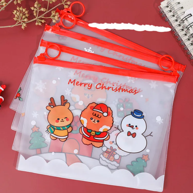 Tas kemasan ritsleting cincin Natal PVC 10 ~ 100 buah hadiah anak natal kaus kaki perlengkapan alat tulis kantor mainan kantong kartun