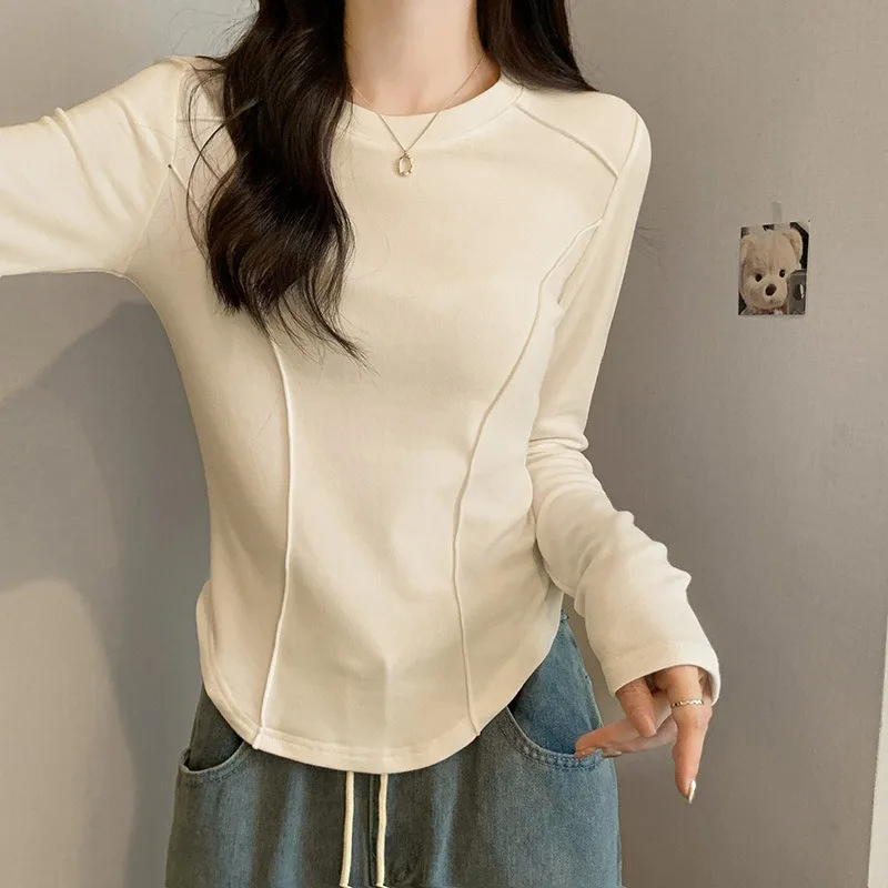 Women Short T-shirt Lady Autumn Solid Color Crew Neck Long-sleeve T-shirt Female Girl Students New Slim-fit Long-sleeve T-shirt