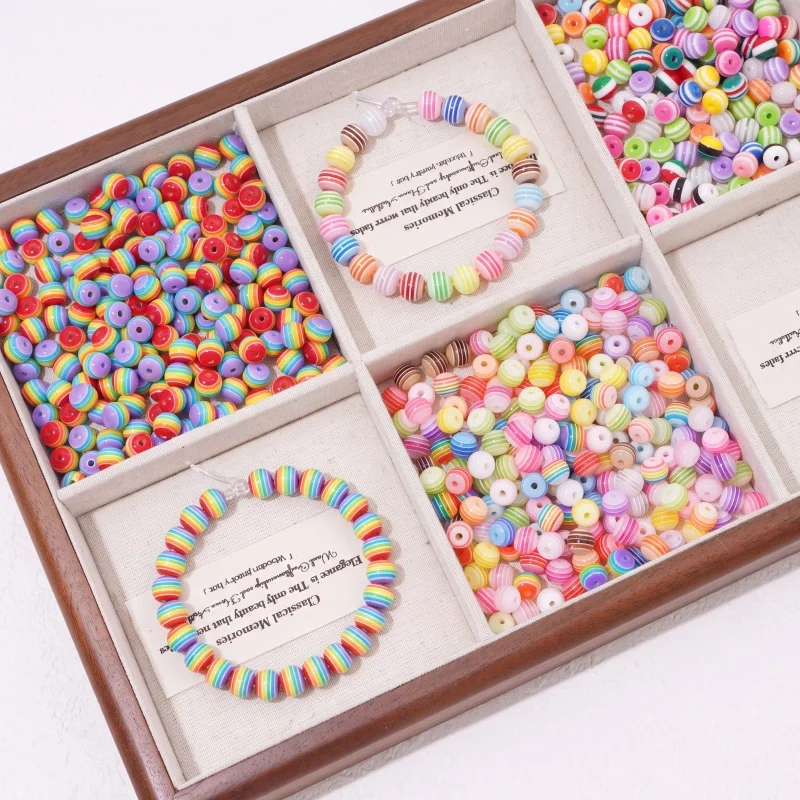 25Pcs 6-8mm Resin Dopamine Rainbow Striped Beads 1.5mm Hole Colorful DIY Bracelet Necklace Craft Accessories  Supplies