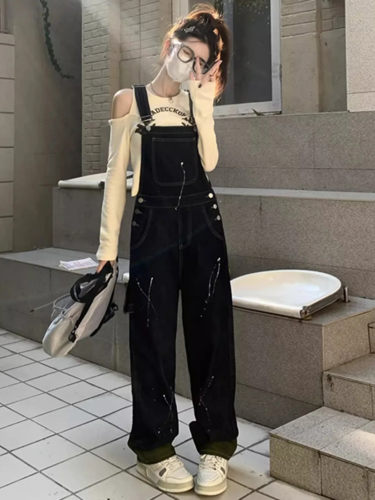 Anti-Aging Vintage Splashed Ink Denim Overalls Women's Spring Autumn plus Size Flattering Loose Long Pants High Waist Jeans