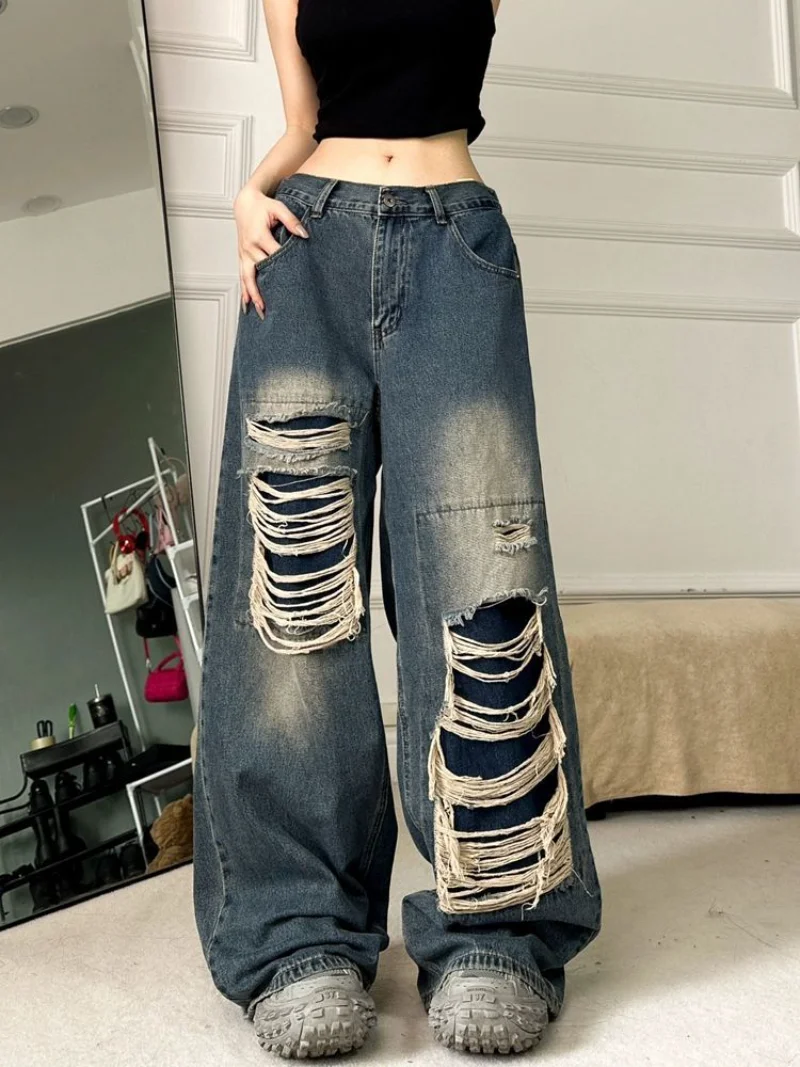 American Vintage High Street Y2k Jeans Wide Leg Trousers Grunge Loose Straight Hip Hop Summer Women Denim Pants Hole Ripped