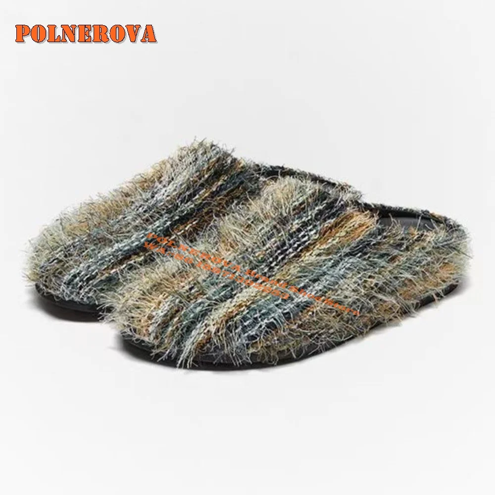 

2024 Autumn/winter Warm Soft Slippers Fashionable Golden Striped Woolen Outerwear for Women Flat with Slip On Comfortable Shoes