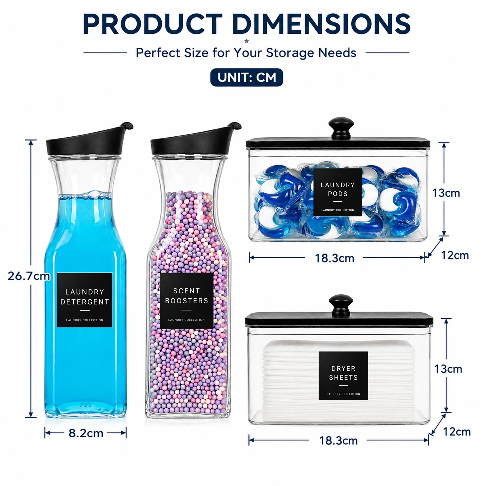 Laundry Room Organization Set Laundry Detergent Dispenser Bottles  for Pods, Scent Boosters, Dryer Sheets, Fabric Softener