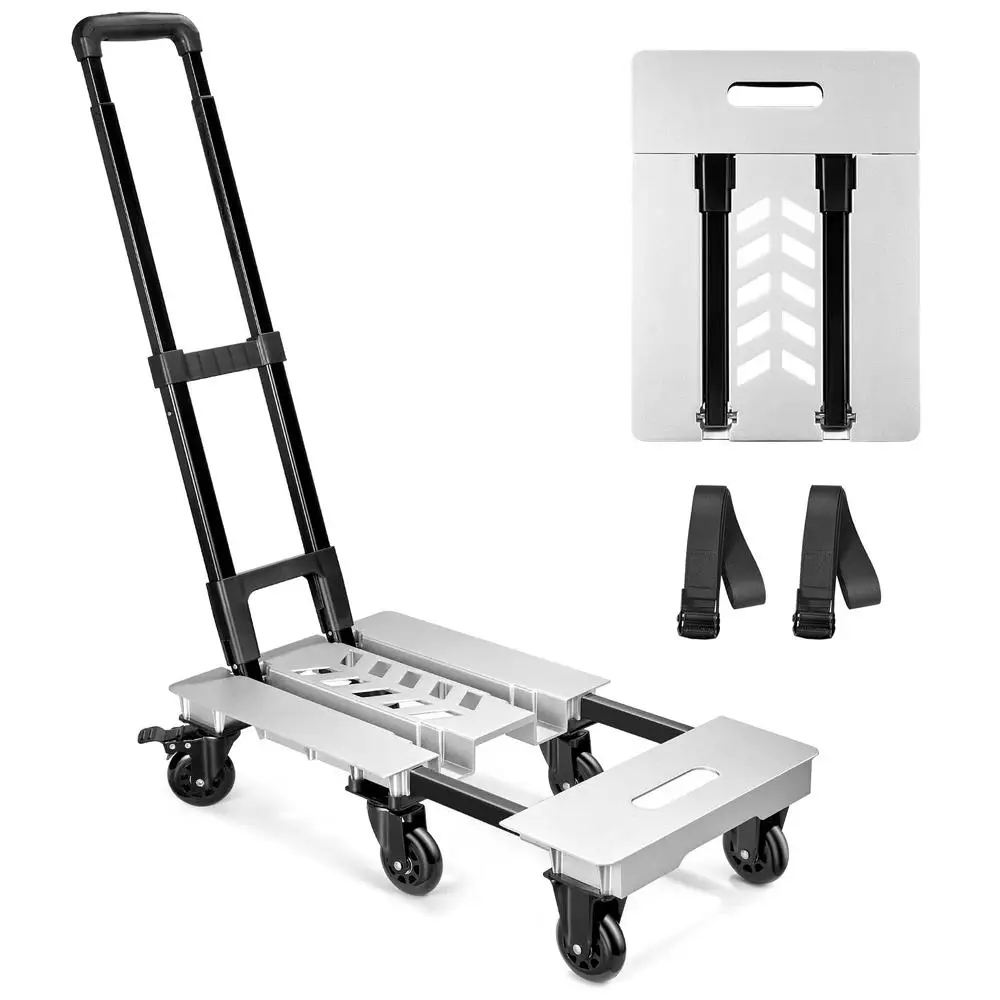 Folding Aluminum Hand Truck Dolly 600 lb Capacity Adjustable Handle 360° Swivel Wheels Heavy Duty Luggage Cart with Brake Wheels