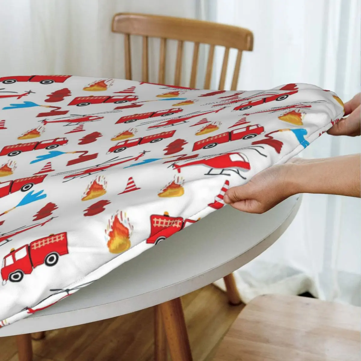 Red Transport Fire Truck Engine Brigade Waterproof Round Tablecloth Oilproof Table Cloth for Kitchen Events Dining Table Cover