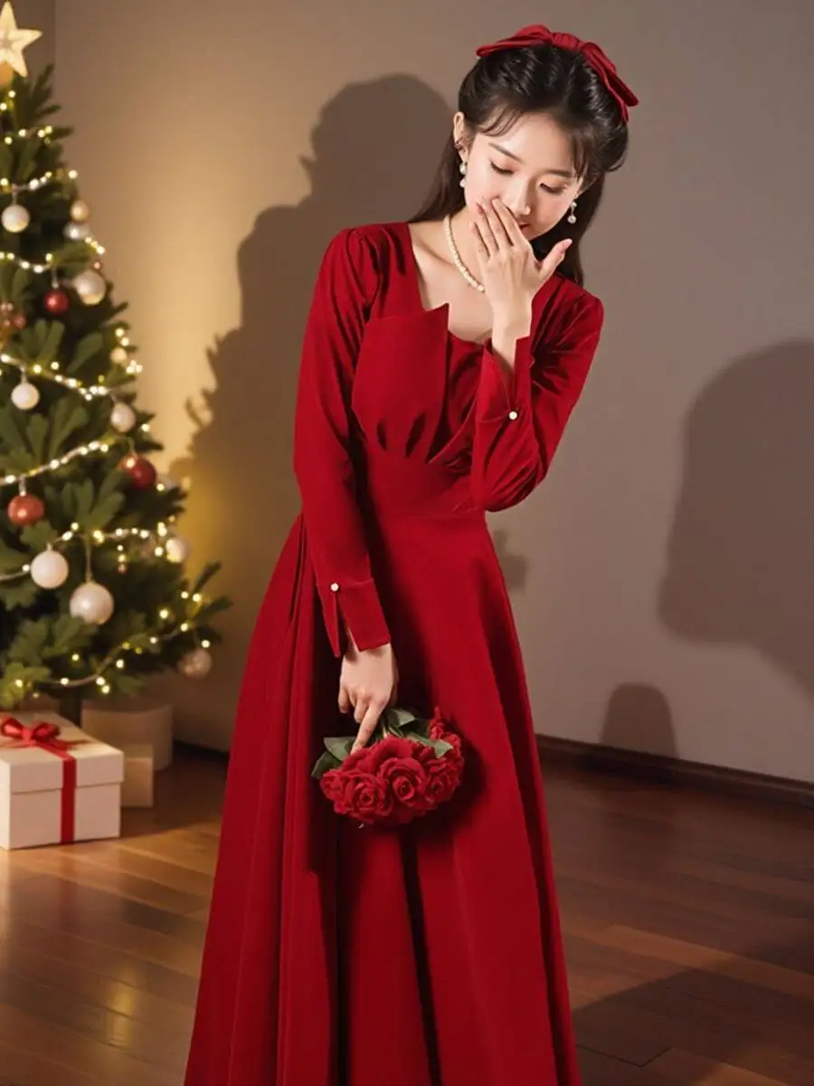 Red High Waist A-Line Dress Wedding Dress Elegant Style Long Skirt Slimming Design Square Collar Custom-Made for Wedding