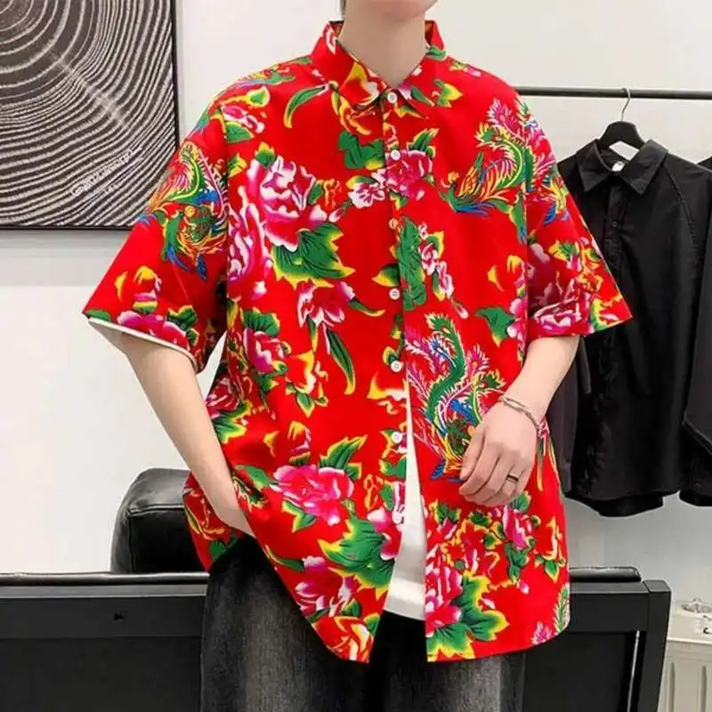 Beach Loose Shirts 2025 Summer Chinese Style Men Flower Shirt Short Sleeve Fashion Streetwear Teenagers Oversized Casual Tops