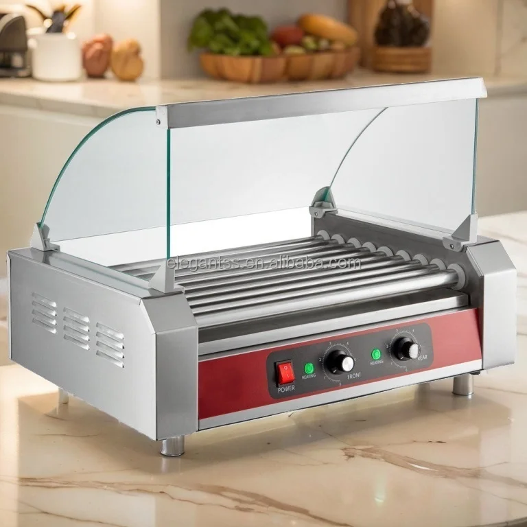 

Snack Equipment 9 Stainless Steel Roller Automatic Electric Hot Dog Hotdog Machine with Cover