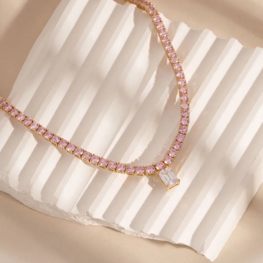Lightweight Tennis Necklace Closely Set Rhinestone Classic Tennis Silhouette Macaron Color Necklace Secure Clasp