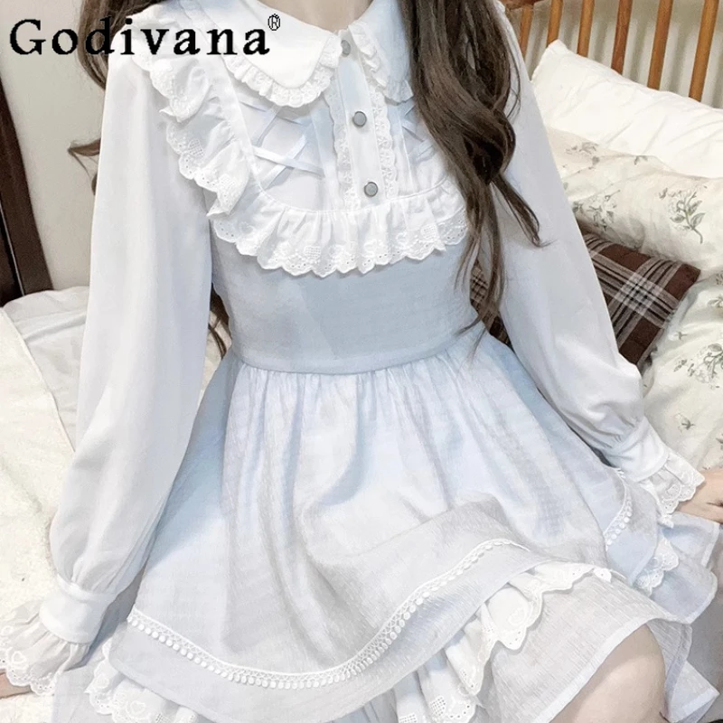 Women's Princess Cosplay Dress Short Long Sleeve High Waist White Dress Female Summer Spring High Waist Party Dress