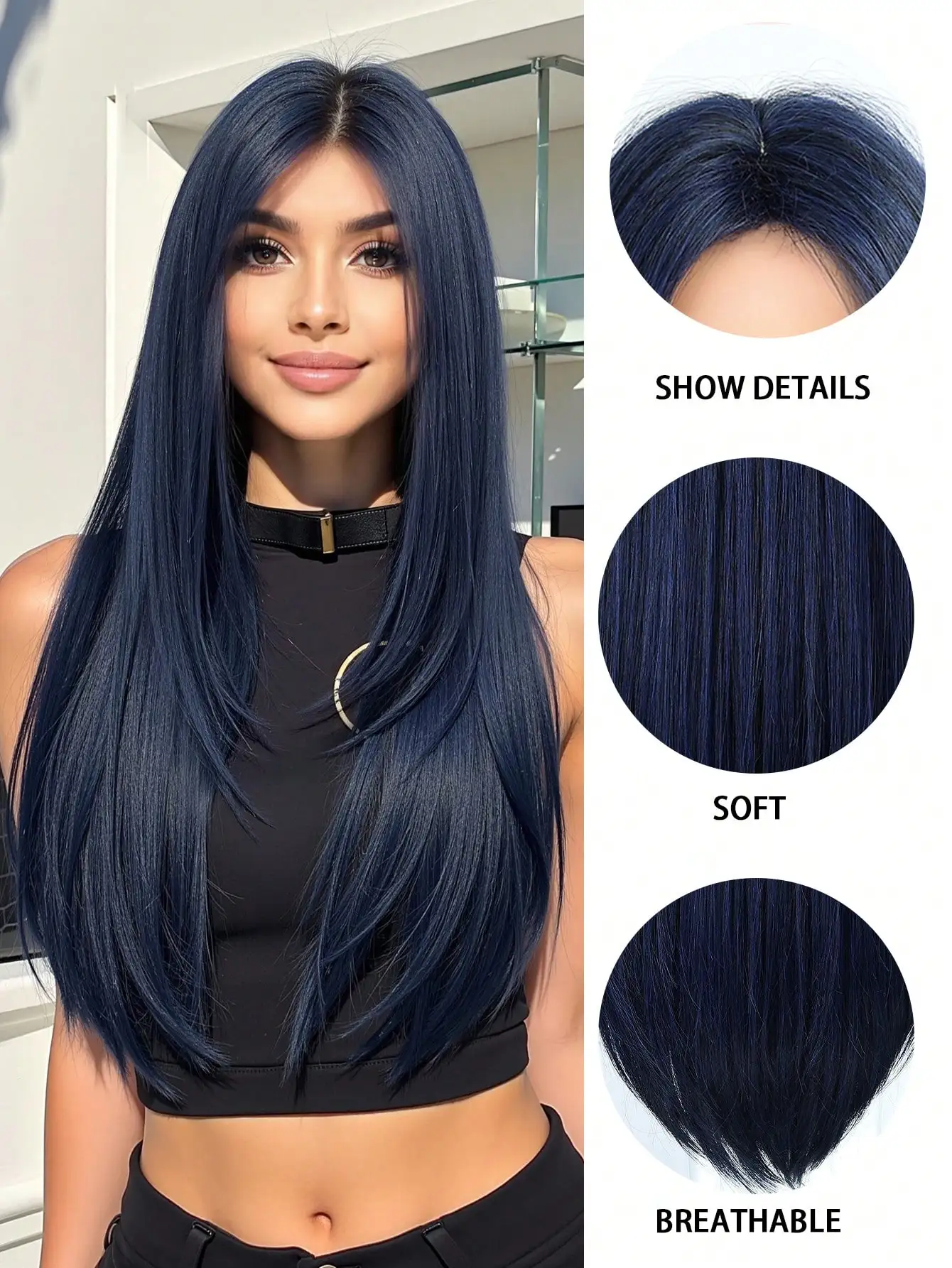 Dark Blue Wigs for Women Long Straight Hair Wig with Center Part Natural Wavy Synthetic Wig Heat Resistant Hair for Daily Party
