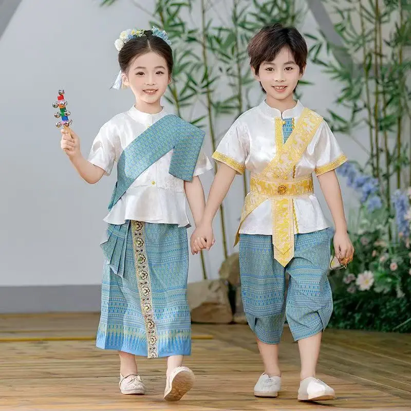

Thailand Myanmar boy girl Dai clothing Water Splashing Day Children's Ethnic Clothing Dai Performance Clothing Set for kid