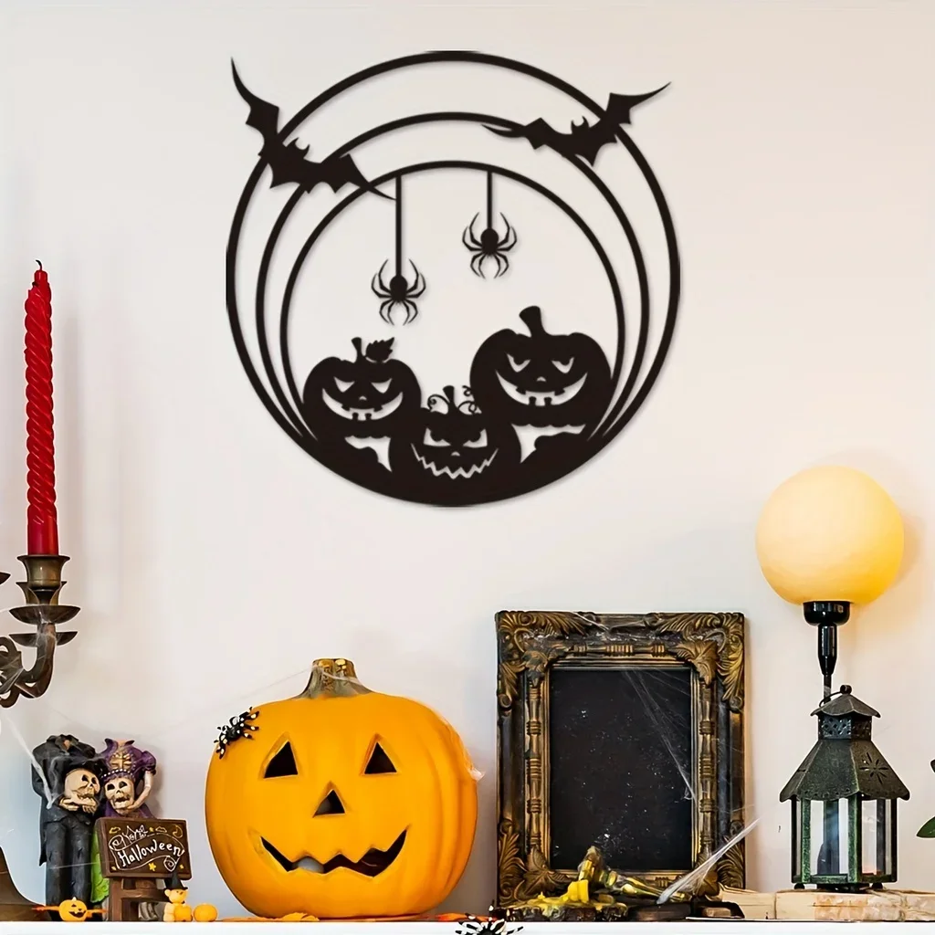 1pc, Halloween Pumpkin Metal Home Decor Spider Web Bat Door Sign Wall Art Halloween Day of The Dead Home Party Decor Gift
